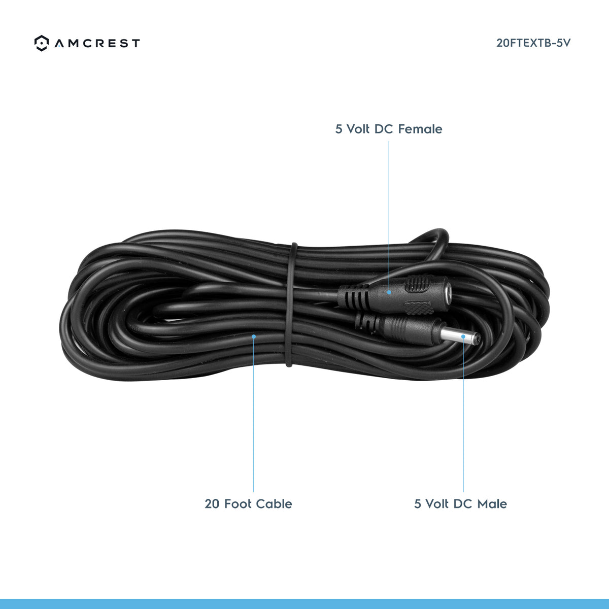Amcrest Universal 5V DC Extension Cable Power AC Adapter 20FT Black (20FTEXTB-5V)