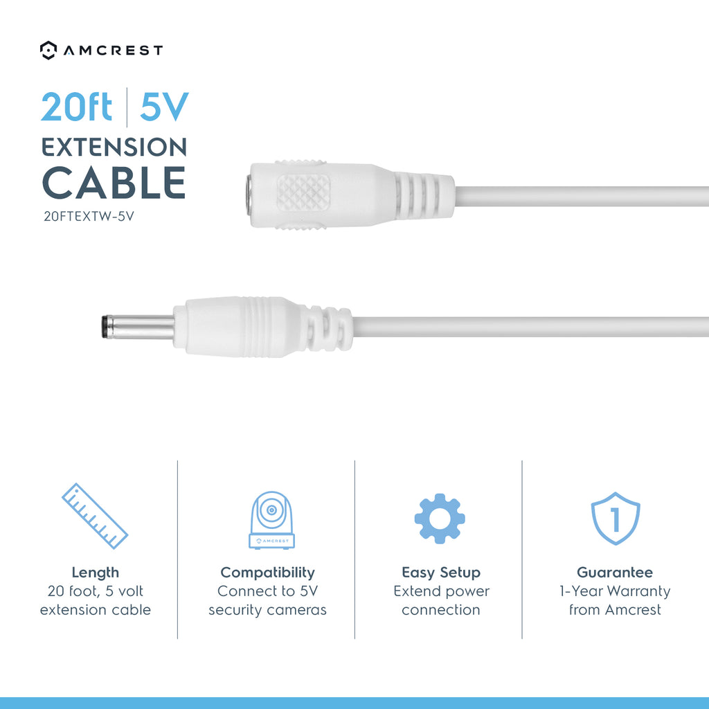 Amcrest Universal 5V DC Extension Cable Power AC Adapter 20FT White (20FTEXTW-5V)