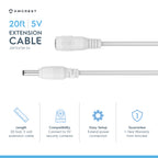 Amcrest Universal 5V DC Extension Cable Power AC Adapter 20FT White (20FTEXTW-5V)