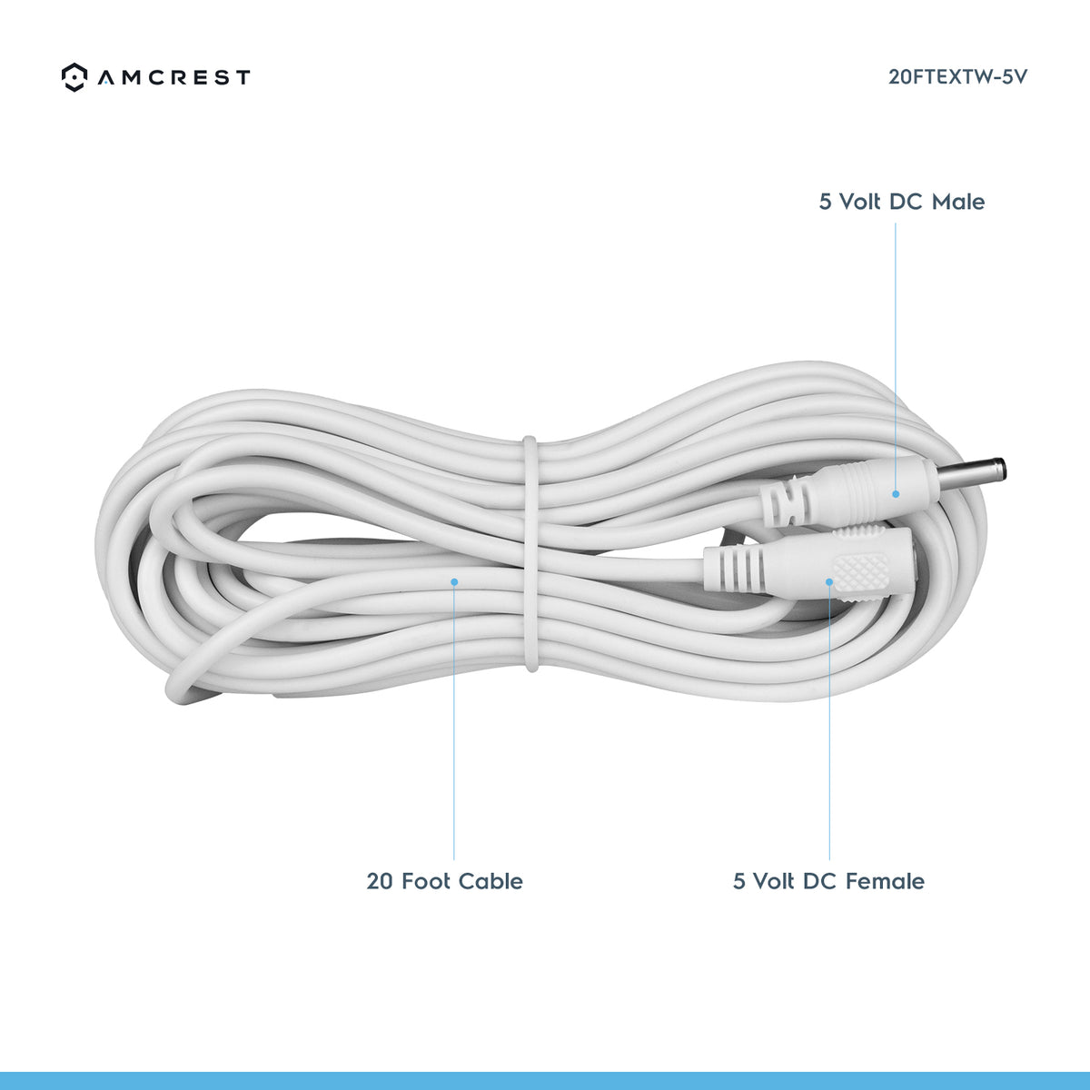 Amcrest Universal 5V DC Extension Cable Power AC Adapter 20FT White (20FTEXTW-5V)