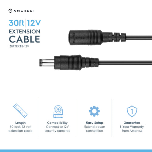 Amcrest 12V DC Power Extension Cable 30ft Black 30FTEXTB-12V