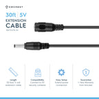 Amcrest Universal 5V DC Extension Cable Power AC Adapter 30FT Black (30FTEXTB-5V)