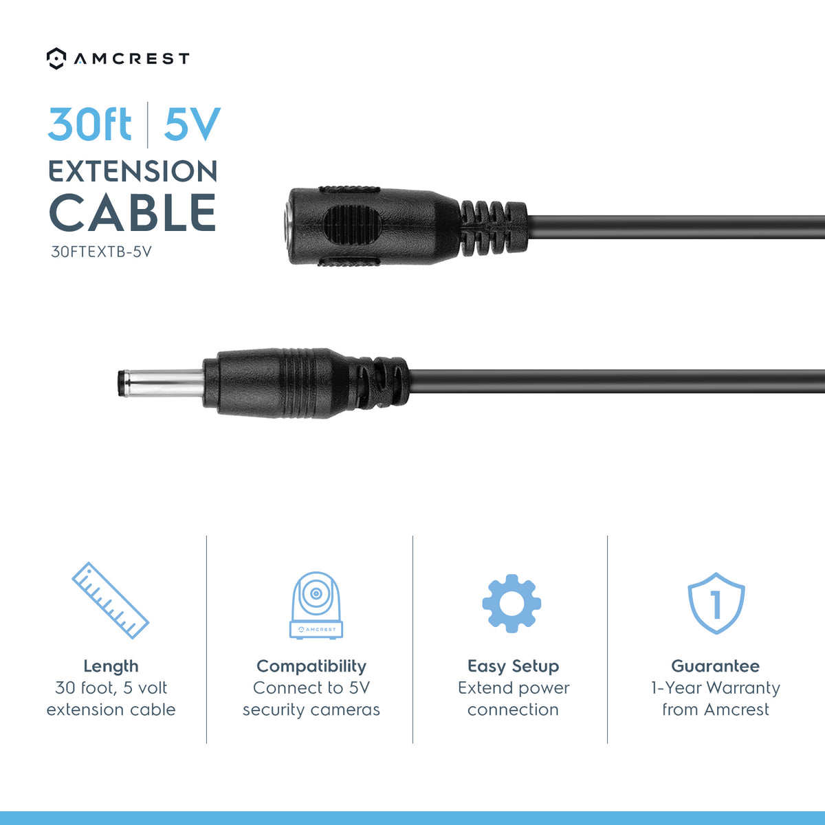 Amcrest Universal 5V DC Extension Cable Power AC Adapter 30FT Black (30FTEXTB-5V)