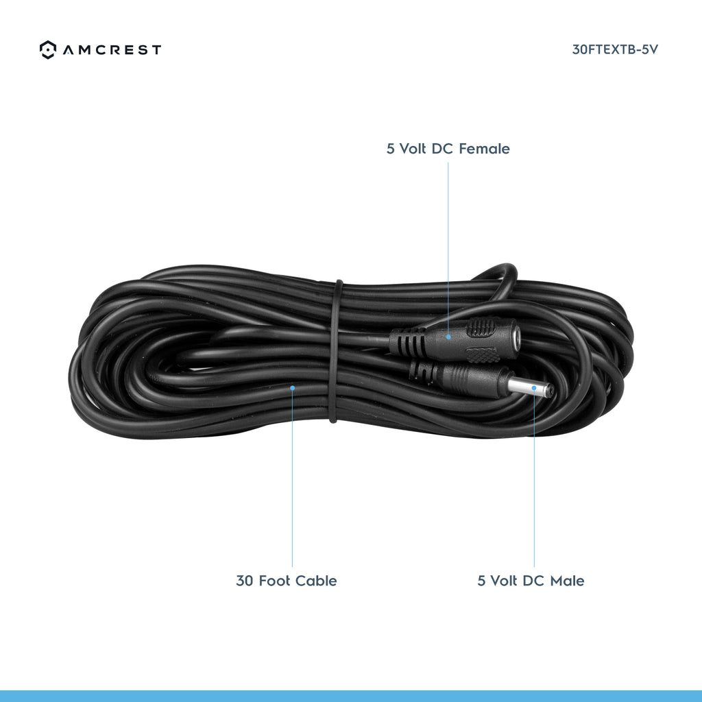 Amcrest Universal 5V DC Extension Cable Power AC Adapter 30FT Black (30FTEXTB-5V)