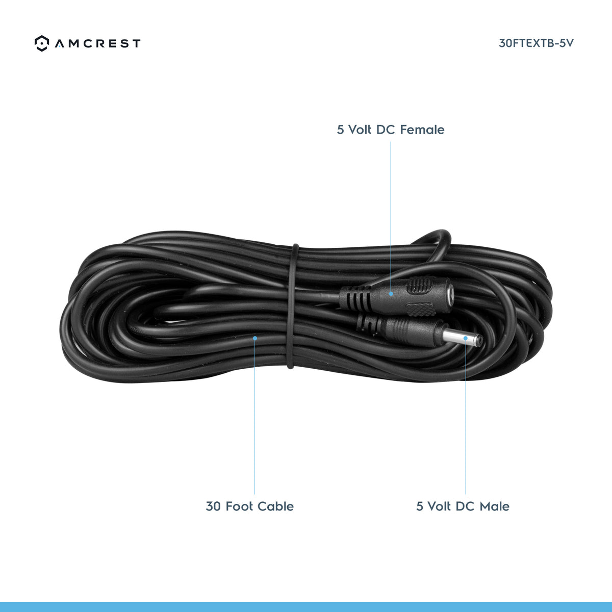Amcrest Universal 5V DC Extension Cable Power AC Adapter 30FT Black (30FTEXTB-5V)