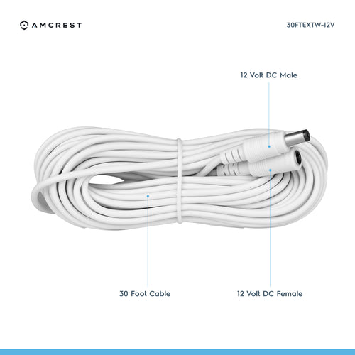 Amcrest 12V DC Power Extension Cable (30ft) 5.5mm White 30FTEXTW-12V