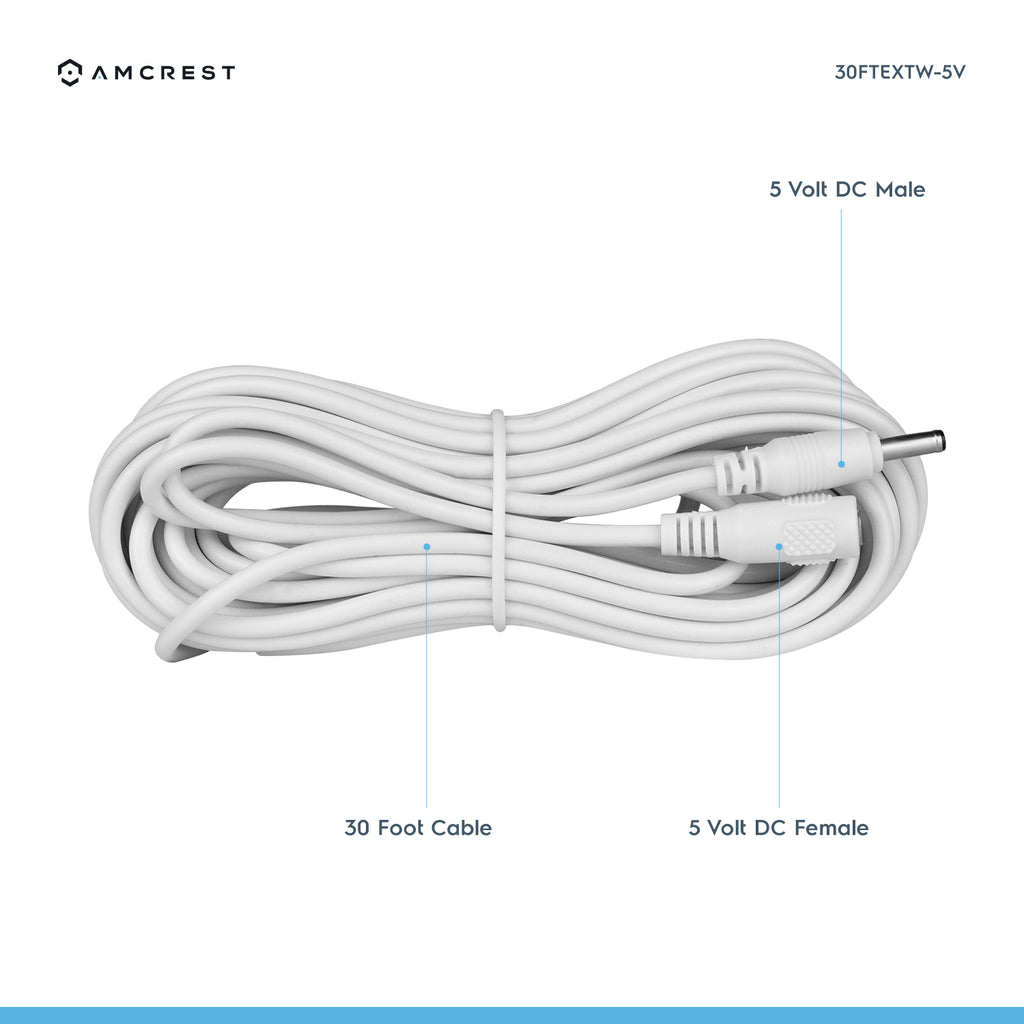Amcrest Universal 5V DC Extension Cable Power AC Adapter 30FT White (30FTEXTW-5V)