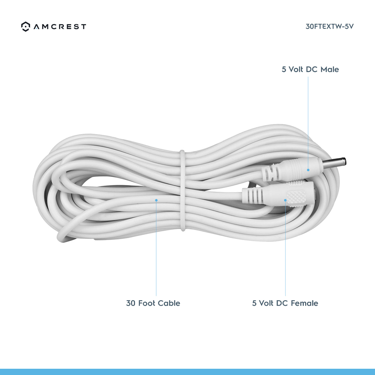 Amcrest Universal 5V DC Extension Cable Power AC Adapter 30FT White (30FTEXTW-5V)