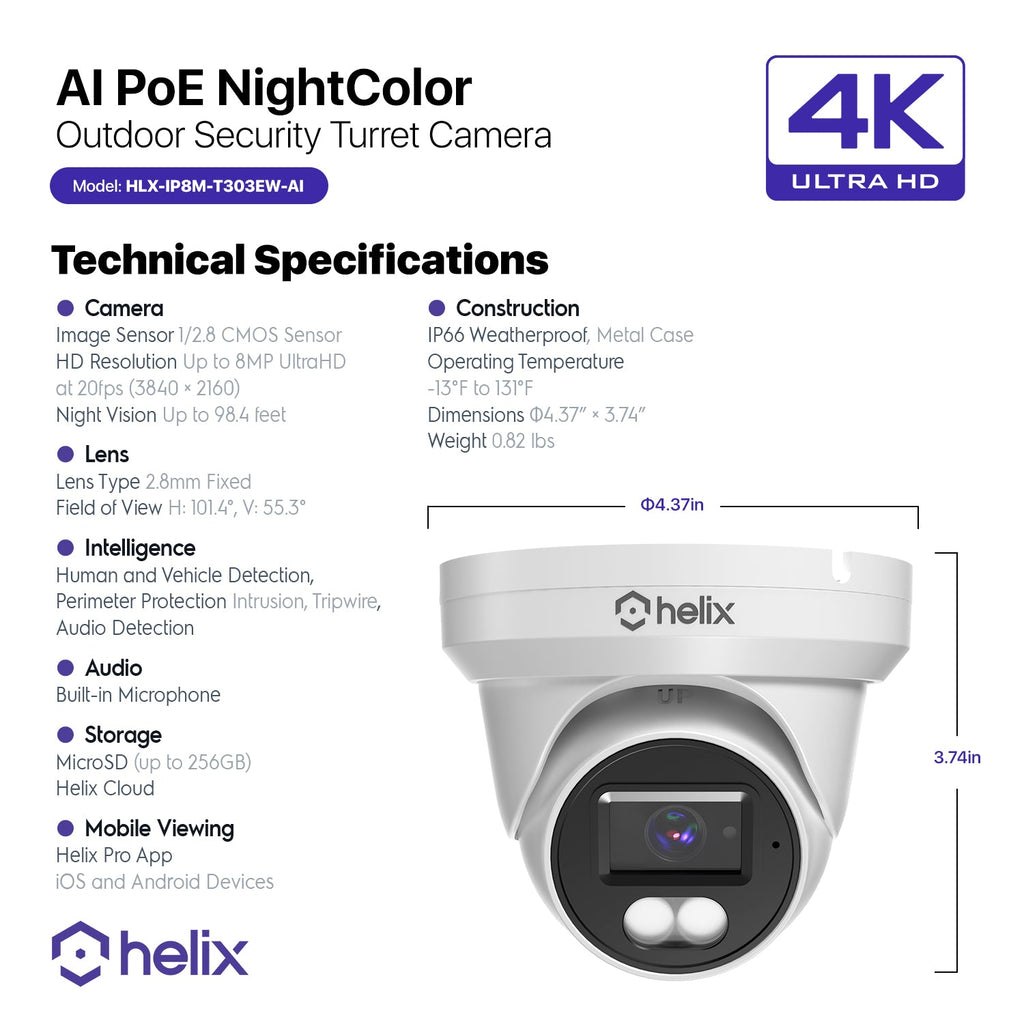 amcrest 4K/8-MP Security AI IP PoE Camera, 98ft Night Color, Human Detection, NDAA Compliant, Indoor Outdoor Surveillance Turret, Built in Mic, Support 256GB MicroSD, Deterrent, HLX-IP8M-T303EW-AI