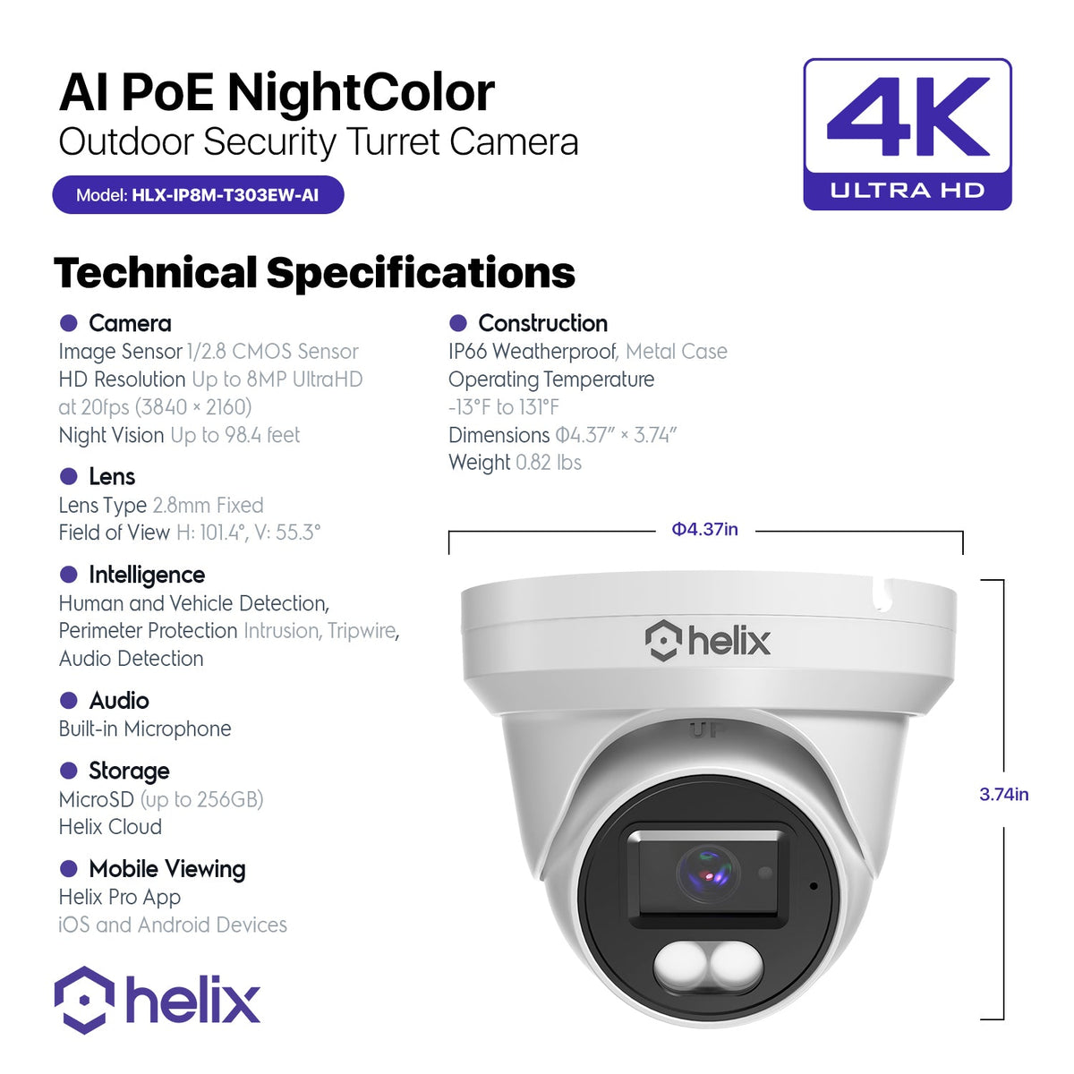 amcrest 4K/8-MP Security AI IP PoE Camera, 98ft Night Color, Human Detection, NDAA Compliant, Indoor Outdoor Surveillance Turret, Built in Mic, Support 256GB MicroSD, Deterrent, HLX-IP8M-T303EW-AI