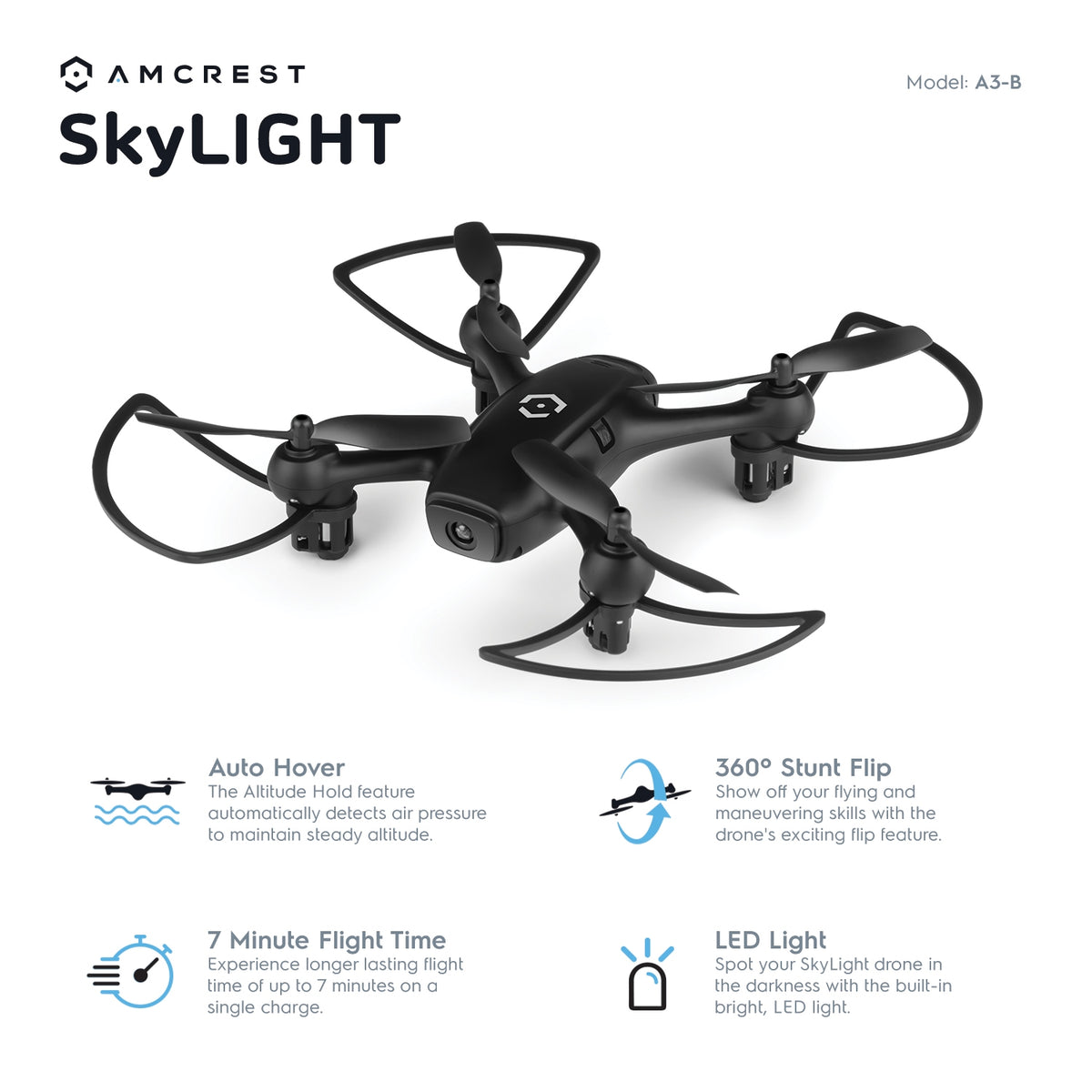 Amcrest SkyLight Quadcopter Drone w/ LED Light, Training Drone for Beginners & Kids, RC Helicopter Drone with Remote Control, Headless Mode, Altitude Hold, Stunt Flip (A3-B) Black