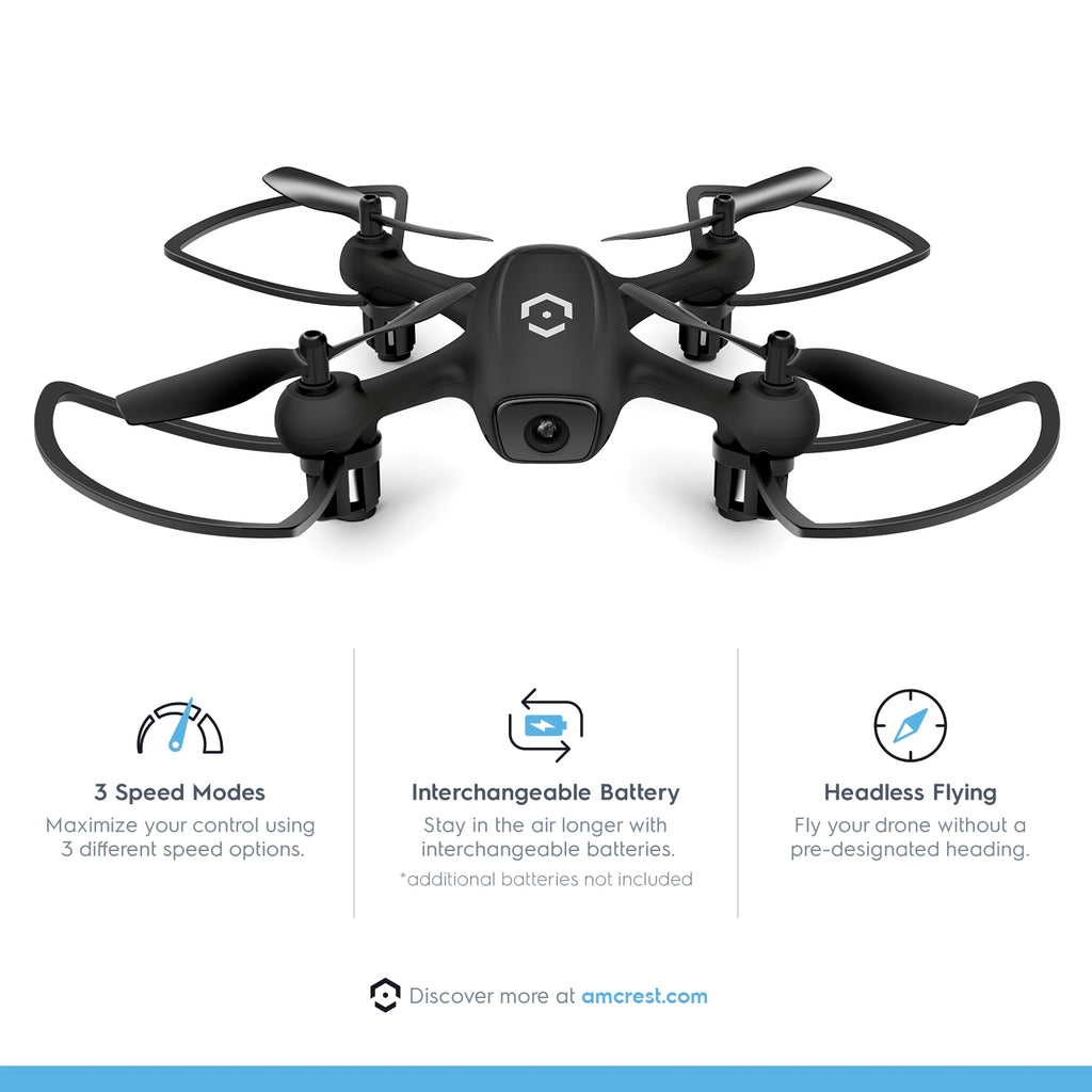 Amcrest SkyLight Quadcopter Drone w/ LED Light, Training Drone for Beginners & Kids, RC Helicopter Drone with Remote Control, Headless Mode, Altitude Hold, Stunt Flip,  2 x Additional Batteries Included (A3-B-Batt) Black
