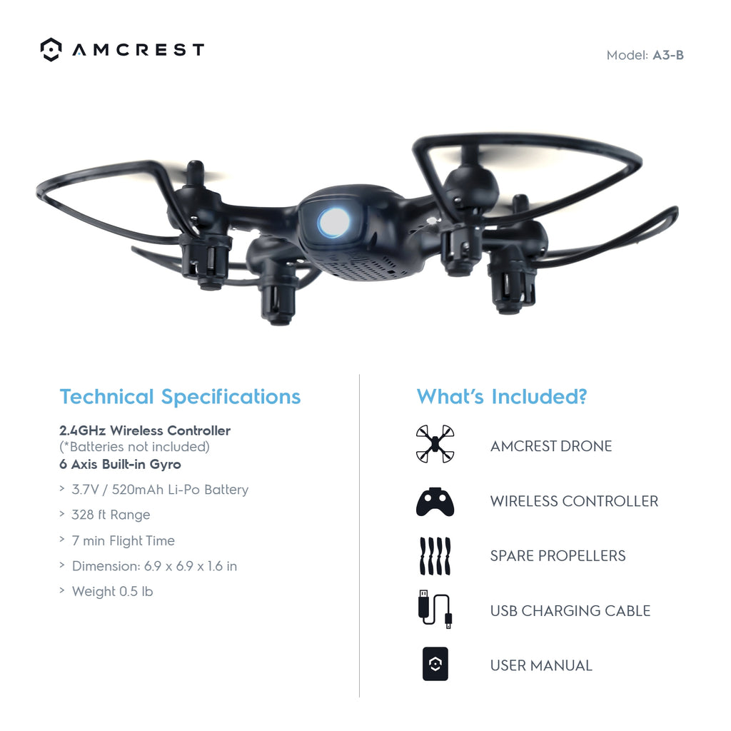 Amcrest SkyLight Quadcopter Drone w/ LED Light, Training Drone for Beginners & Kids, RC Helicopter Drone with Remote Control, Headless Mode, Altitude Hold, Stunt Flip,  2 x Additional Batteries Included (A3-B-Batt) Black