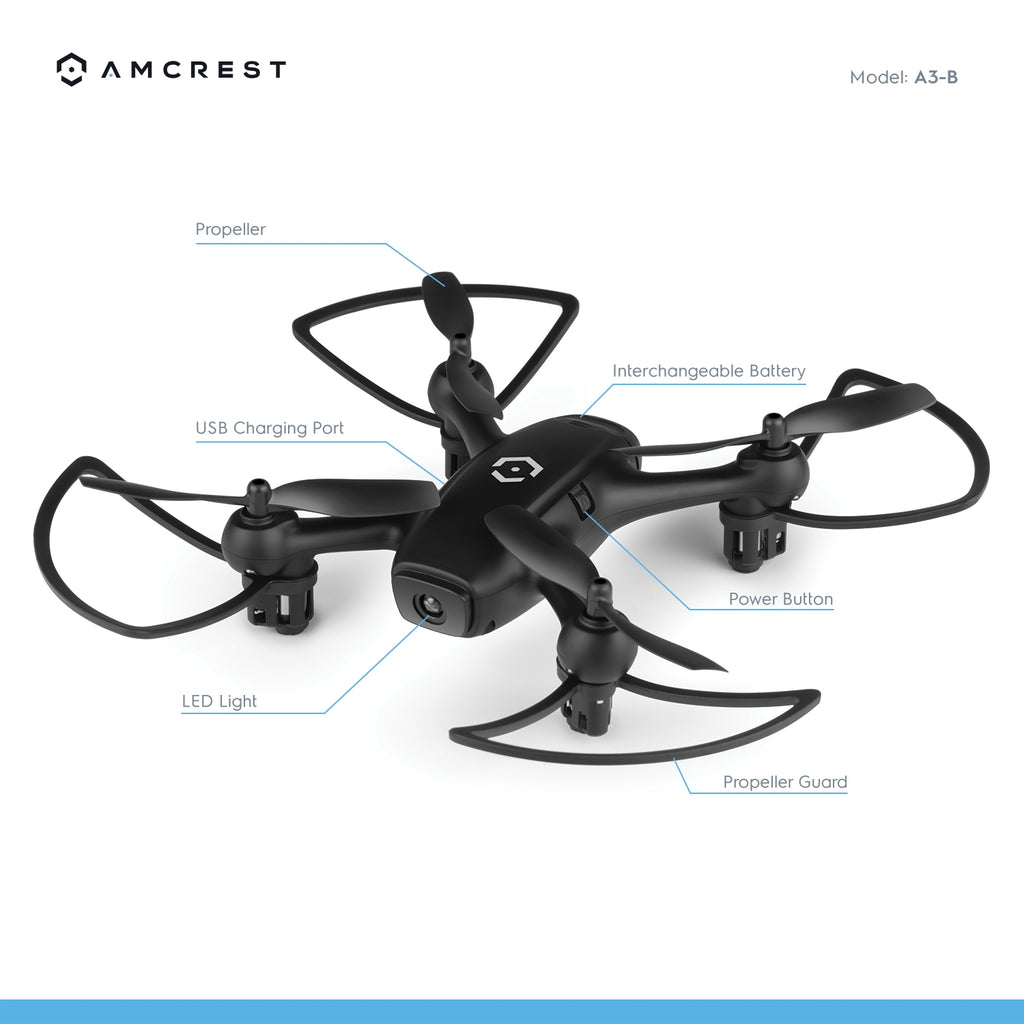 Amcrest SkyLight Quadcopter Drone w/ LED Light, Training Drone for Beginners & Kids, RC Helicopter Drone with Remote Control, Headless Mode, Altitude Hold, Stunt Flip,  2 x Additional Batteries Included (A3-B-Batt) Black