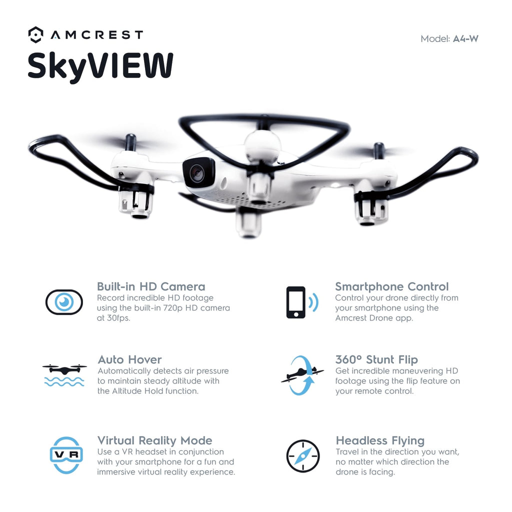 Amcrest A4-W Skyview Wi-Fi FPV Drone Quadcopter with Camera HD 720P, Training Drone for Beginner & Kids, RC + 2.4ghz WiFi Helicopter with Remote Control, FPV, Headless Mode, Altitude Hold, Smartphone (iOS/Android) Control (White)