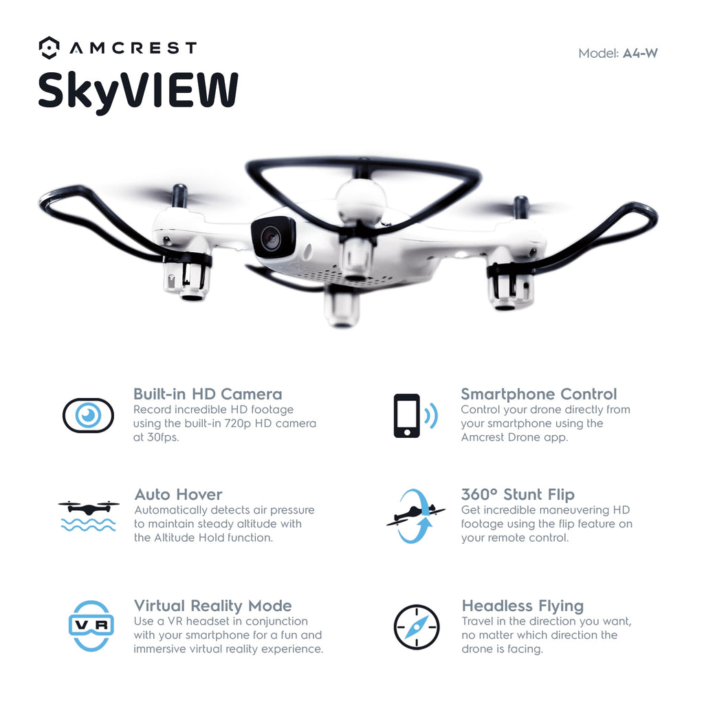 Amcrest A4-W Skyview Wi-Fi FPV Drone Quadcopter with Camera HD 720P, Training Drone for Beginner & Kids, RC + 2.4ghz WiFi Helicopter with Remote Control, FPV, Headless Mode, Altitude Hold, Smartphone (iOS/Android) Control, 2 x Additional Batteries Include