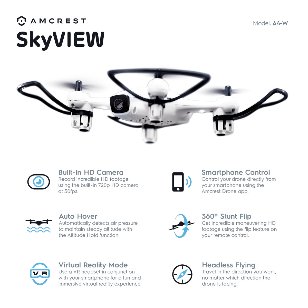Amcrest A4-W Skyview Wi-Fi FPV Drone Quadcopter with Camera HD 720P, Training Drone for Beginner & Kids, RC + 2.4ghz WiFi Helicopter with Remote Control, FPV, Headless Mode, Altitude Hold, Smartphone (iOS/Android) Control, 2 x Additional Batteries Include