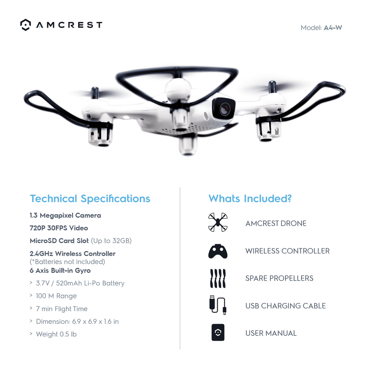 Amcrest A4-W Skyview Wi-Fi FPV Drone Quadcopter with Camera HD 720P, Training Drone for Beginner & Kids, RC + 2.4ghz WiFi Helicopter with Remote Control, FPV, Headless Mode, Altitude Hold, Smartphone (iOS/Android) Control, 2 x Additional Batteries Include