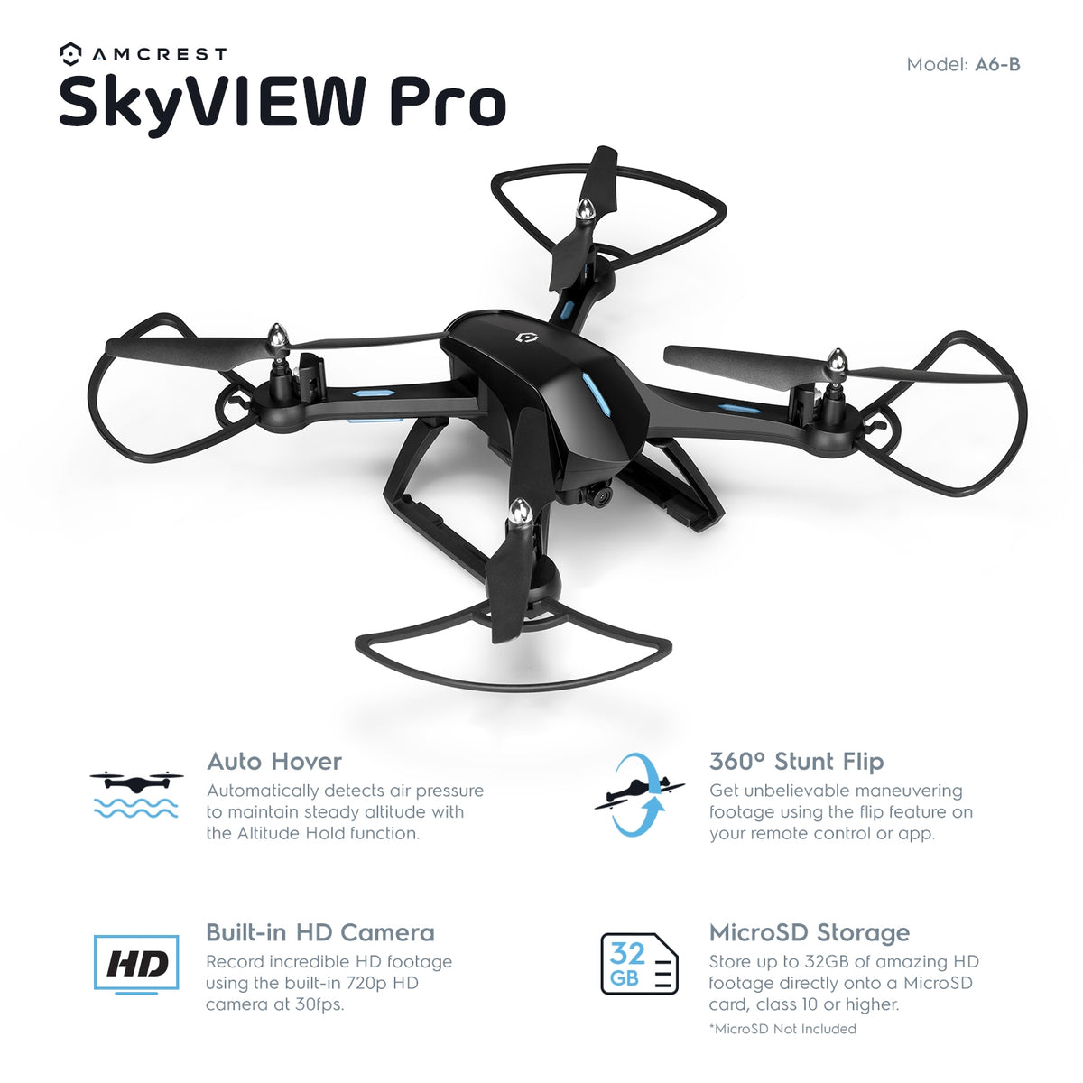 Amcrest A6-B Skyview Pro RC WiFi Drone with Camera HD FPV Quadcopter Video Drone with Camera for Adults, 2.4ghz WiFi Helicopter w/Remote Control, Stunt Flip, Headless Mode, Smartphone (Black)