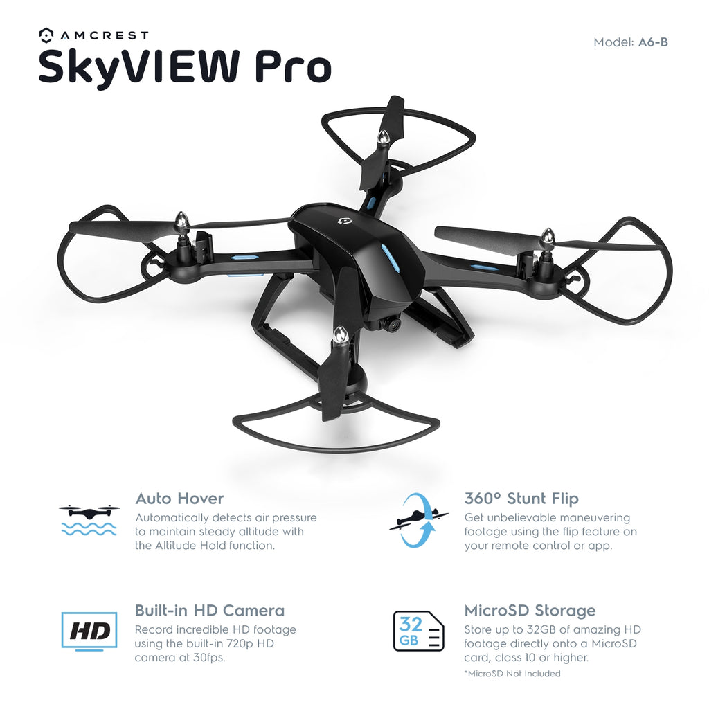Amcrest A6-B Skyview Pro RC WiFi Drone with Camera HD FPV Quadcopter Video Drone with Camera for Adults, 2.4ghz WiFi Helicopter w/Remote Control, Stunt Flip, Headless Mode, Smartphone, 2 x Additional Batteries Included (A6-B-BATT)
