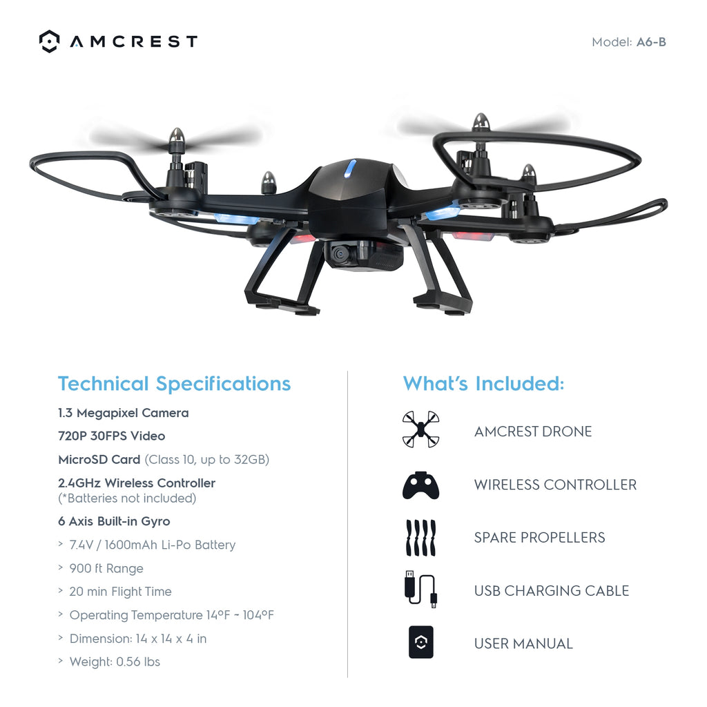 Amcrest A6-B Skyview Pro RC WiFi Drone with Camera HD FPV Quadcopter Video Drone with Camera for Adults, 2.4ghz WiFi Helicopter w/Remote Control, Stunt Flip, Headless Mode, Smartphone, 2 x Additional Batteries Included (A6-B-BATT)