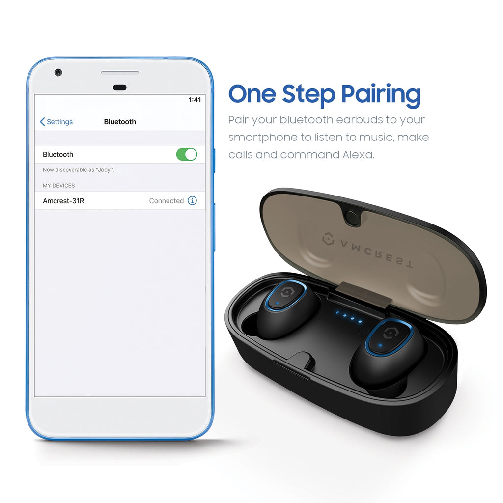 Amcrest 5.0 Bluetooth Wireless Earbuds IPX4 Built-in Mic ABH-31R-BLUE
