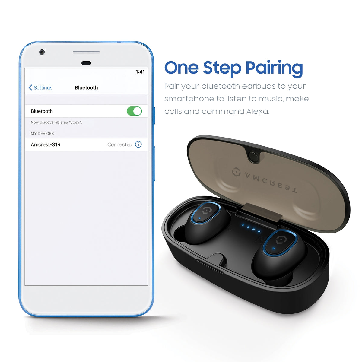 Amcrest 5.0 Bluetooth Wireless Earbuds IPX4 Built-in Mic ABH-31R-BLUE