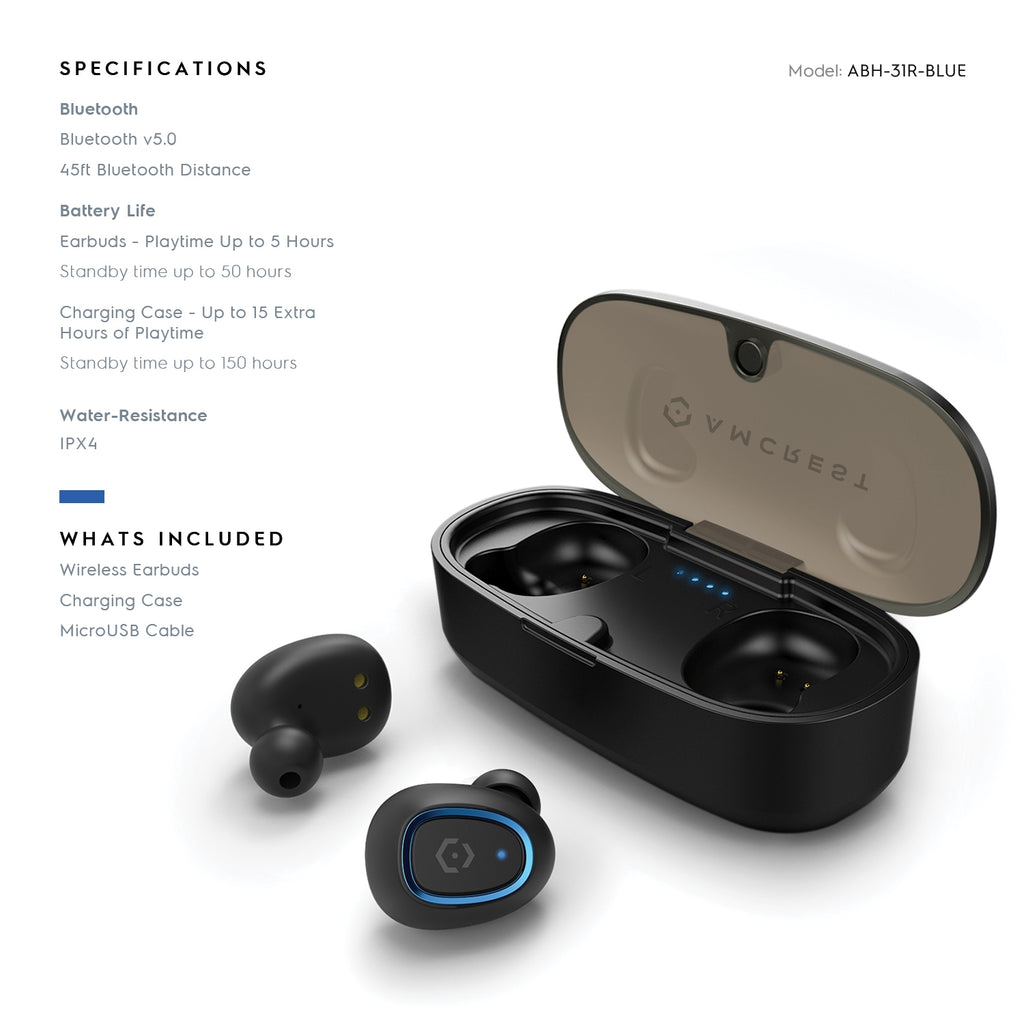 Amcrest 5.0 Bluetooth Wireless Earbuds IPX4 Built-in Mic ABH-31R-BLUE