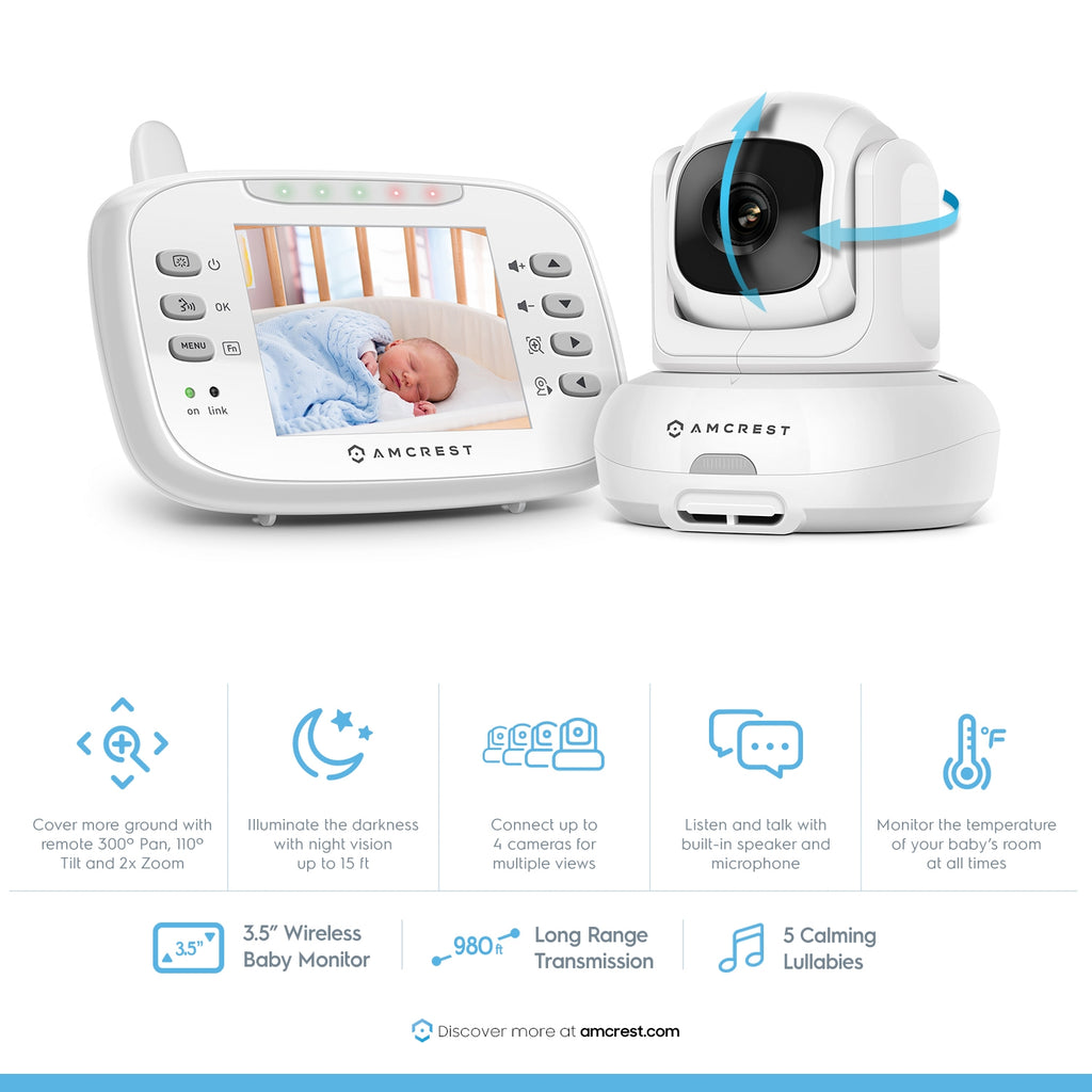 Amcrest Video Baby Monitor with Camera, Two-Way Audio, Pan/Tilt/Zoom, Temperature Sensor, Night Vision, 3.5 inch LCD, 2.4 GHz Wi-Fi with FHSS (AC-2)