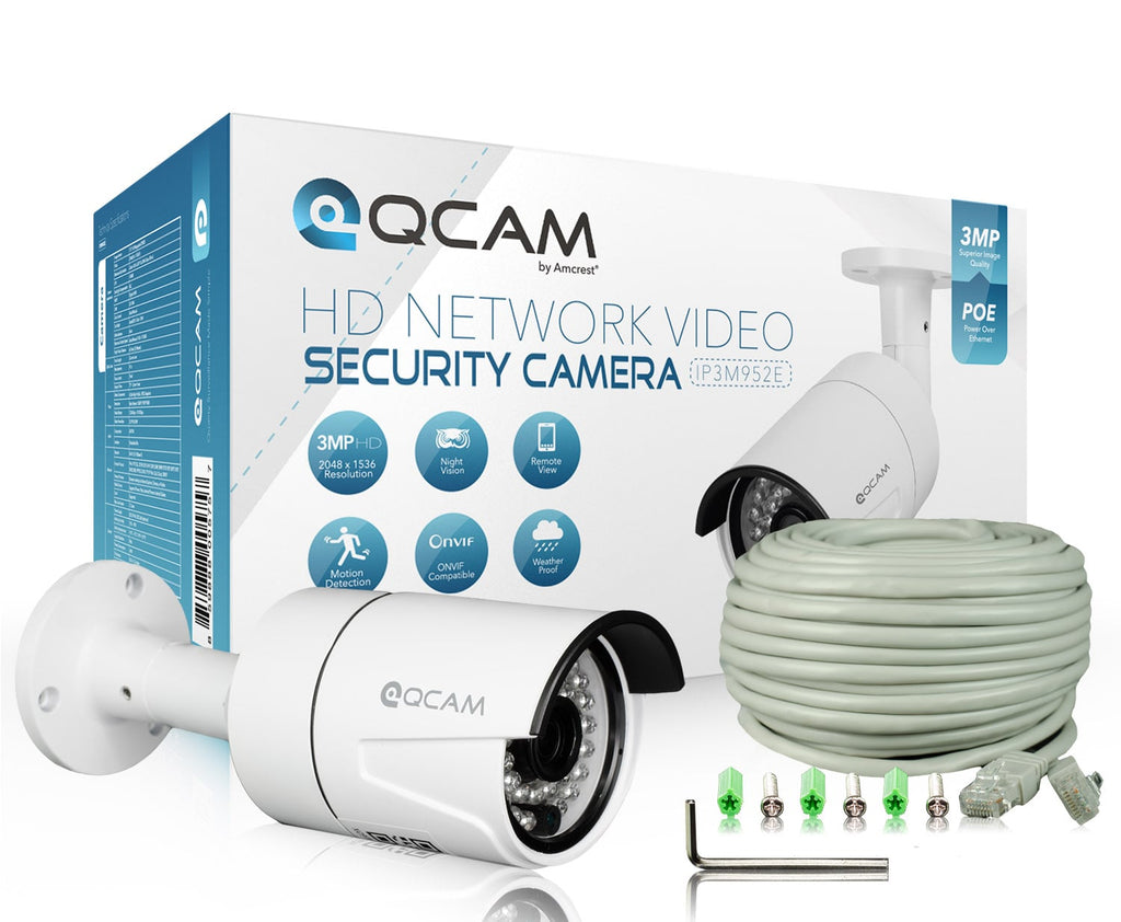 Qcam 3-Megapixel (2048 x 1536) POE Weatherproof IP67 Bullet IP Camera with Super High Resolution 2048TVL @ 25fps, Night Vision up to 65ft, 70° Viewing Angle, and More