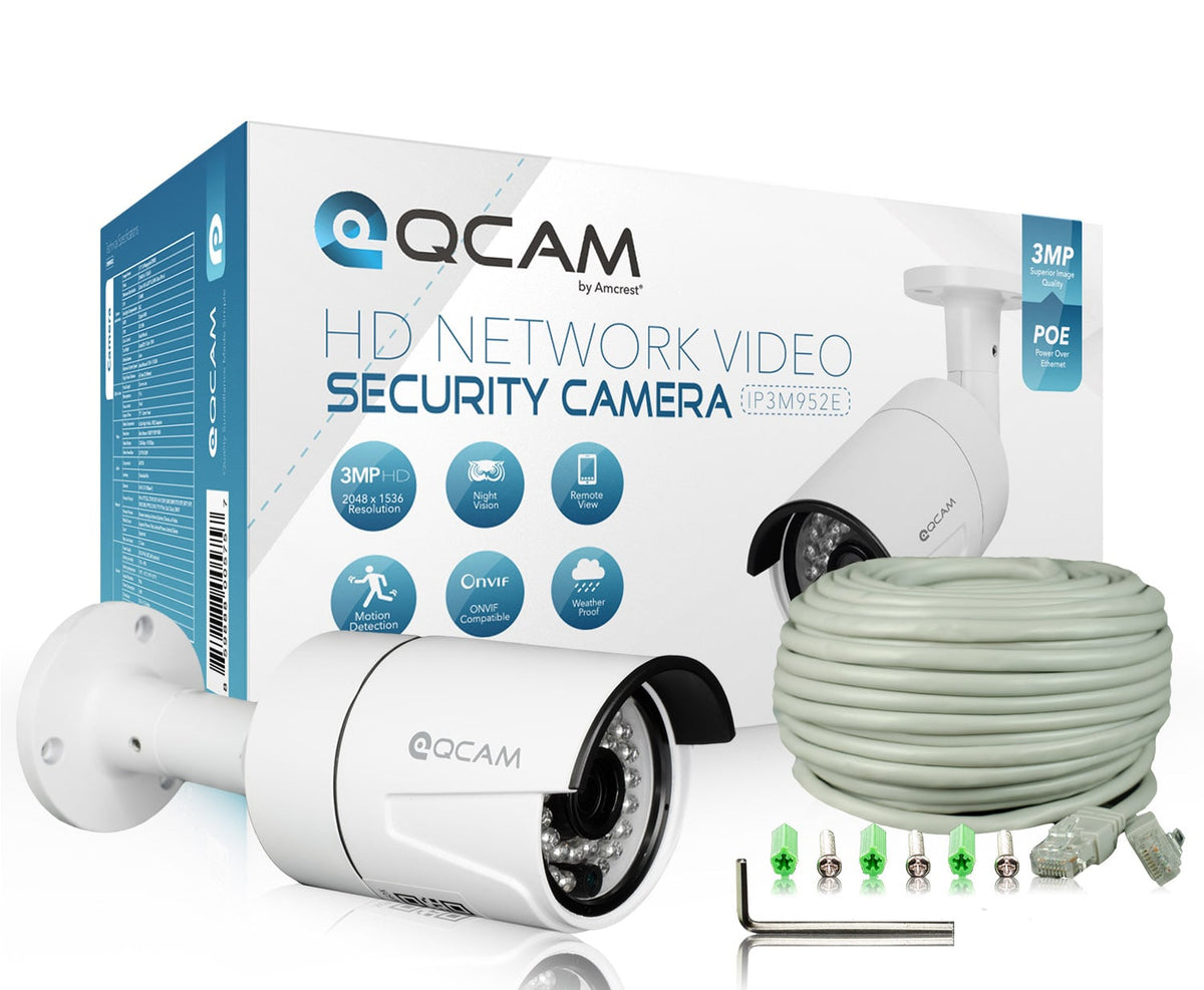 Qcam 3-Megapixel (2048 x 1536) POE Weatherproof IP67 Bullet IP Camera with Super High Resolution 2048TVL @ 25fps, Night Vision up to 65ft, 70° Viewing Angle, and More