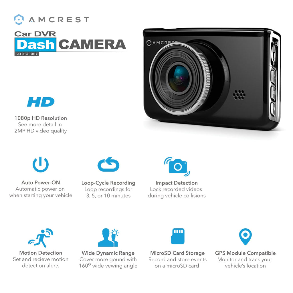 Amcrest 2MP Dash Camera Car DVR 16GB MicroSD Card 160 FOV ACD-830B