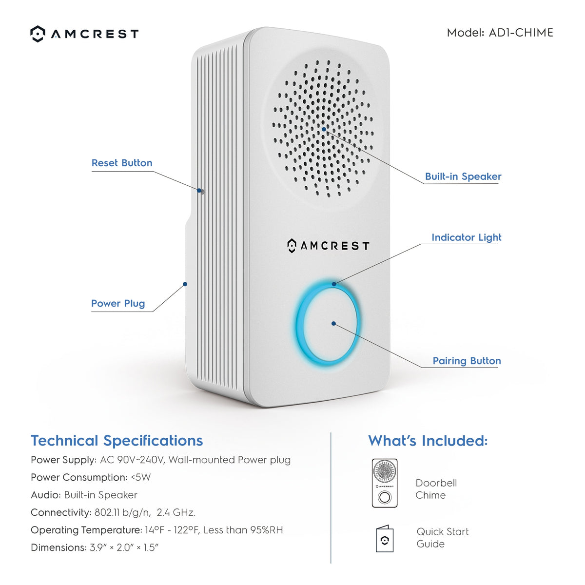 Amcrest Smart Home 2.4GHz Wireless Chime, Multiple Ringtones, AD1-CHIME
