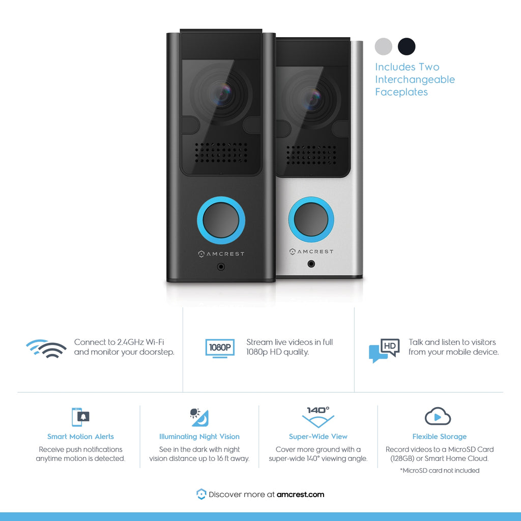 Amcrest SmartHome Video Doorbell Camera, 2.4 GHz WiFi Doorbell Camera, IP55 Weatherproof, Two-Way Audio, 140º Wide Angle, AD110