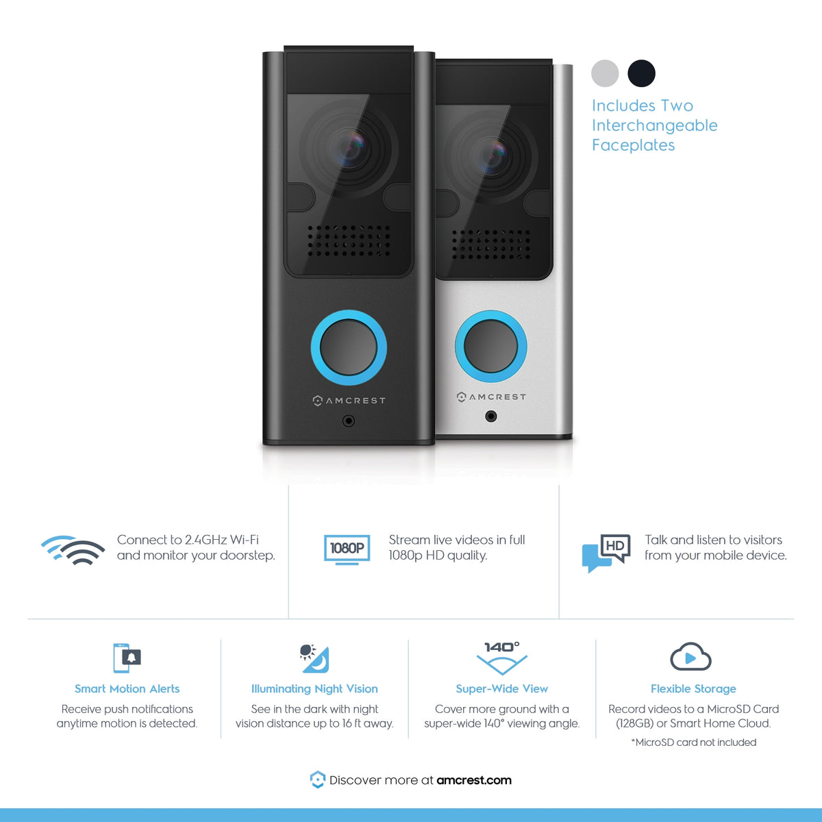 Amcrest SmartHome Video Doorbell Camera, 2.4 GHz WiFi Doorbell Camera, IP55 Weatherproof, Two-Way Audio, 140º Wide Angle, AD110