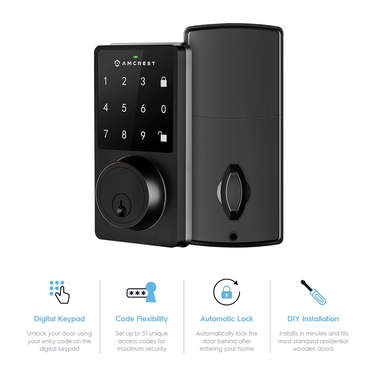 Amcrest Smart Lock ADL220-B Contemporary Digital Keypad Single Cylinder Deadbolt with Automatic Motorized Locking, Zinc Alloy