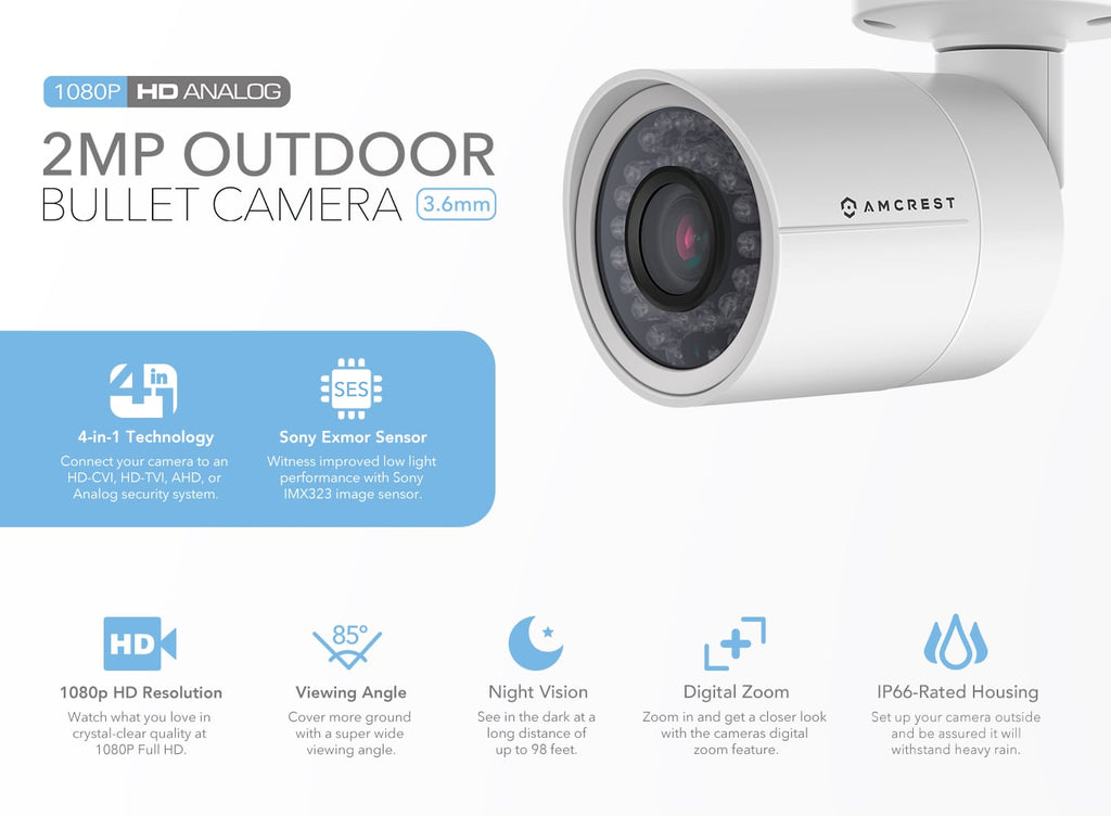 Amcrest Full HD 1080P 1920TVL Bullet Outdoor Security Camera (Quadbrid 4-in1 HD-CVI/TVI/AHD/Analog), 2MP 1920x1080, 98ft Night Vision, Metal Housing, 3.6mm Lens, 85° Viewing Angle, White (AF-2MBC-36W)