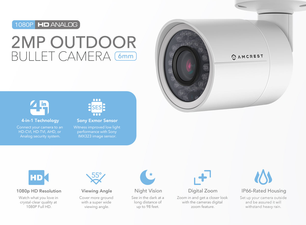 Amcrest Full HD 1080P 1920TVL Bullet Outdoor Security Camera (Quadbrid 4-in1 HD-CVI/TVI/AHD/Analog), 2MP 1920x1080, 98ft Night Vision, Metal Housing, 6mm Lens, 55° Viewing Angle, White (AF-2MBC-6W)