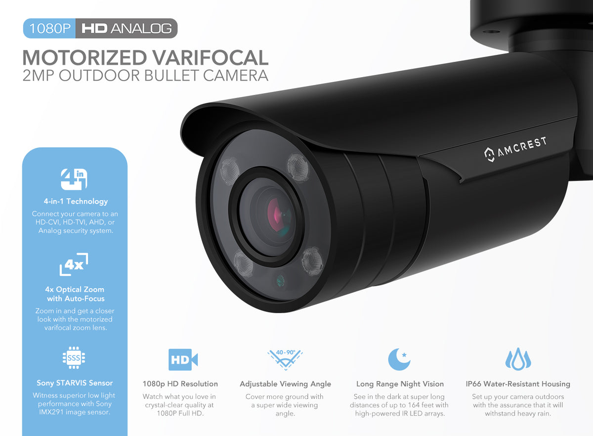 Amcrest 4xOptical Zoom HD 1080P 1920TVL Bullet Outdoor Security Camera(Quadbrid 4-in-1 HD-CVI/TVI/AHD/Analog), 2MP 1920x1080, 164ft NightVision, Motorized Varifocal Lens 40°-90°, Black (AF-2MBC-VARIB)