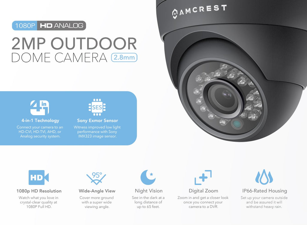 Amcrest Full HD 1080P 1920TVL Dome Outdoor Security Camera (Quadbrid 4-in1 HD-CVI/TVI/AHD/Analog), 2MP 1920x1080, 65ft Night Vision, Metal Housing, 2.8mm Lens 95° Viewing Angle, Black (AF-2MDT-28B)