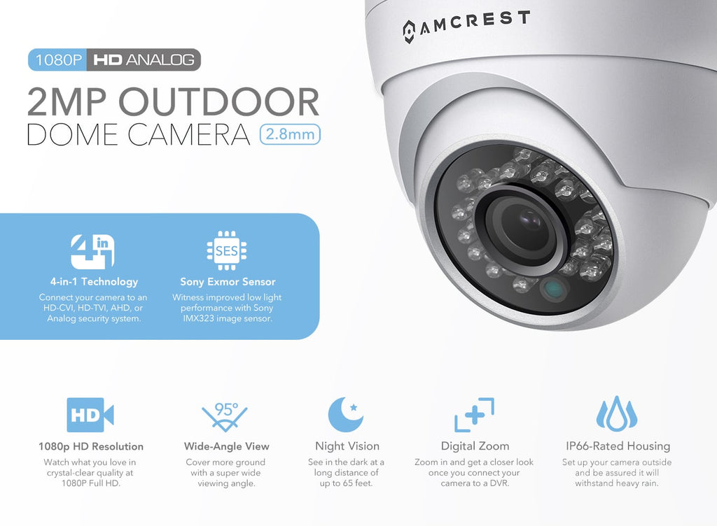 Amcrest Full HD 1080P 1920TVL Dome Outdoor Security Camera (Quadbrid 4-in1 HD-CVI/TVI/AHD/Analog), 2MP 1920x1080, 65ft Night Vision, Metal Housing, 2.8mm Lens 95° Viewing Angle, White (AF-2MDT-28W)