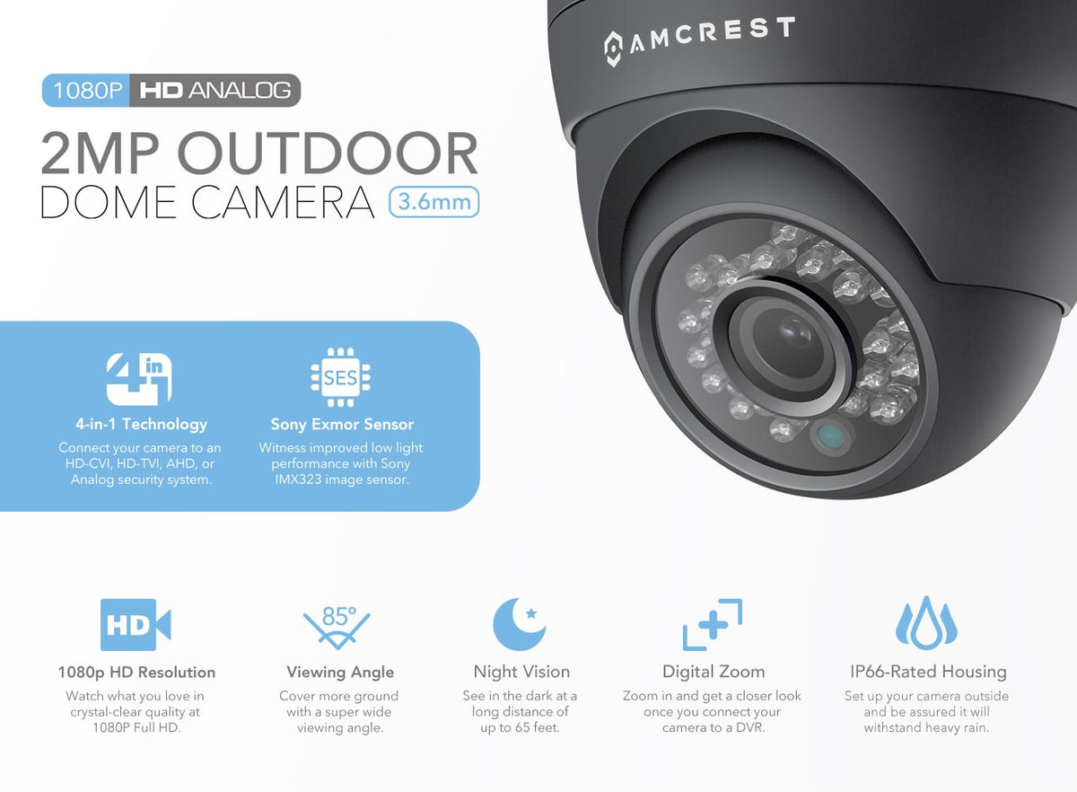 Amcrest Full HD 1080P 1920TVL Dome Outdoor Security Camera (Quadbrid 4-in1 HD-CVI/TVI/AHD/Analog), 2MP 1920x1080, 65ft Night Vision, Metal Housing, 3.6mm Lens 85° Viewing Angle, Black (AF-2MDT-36B)