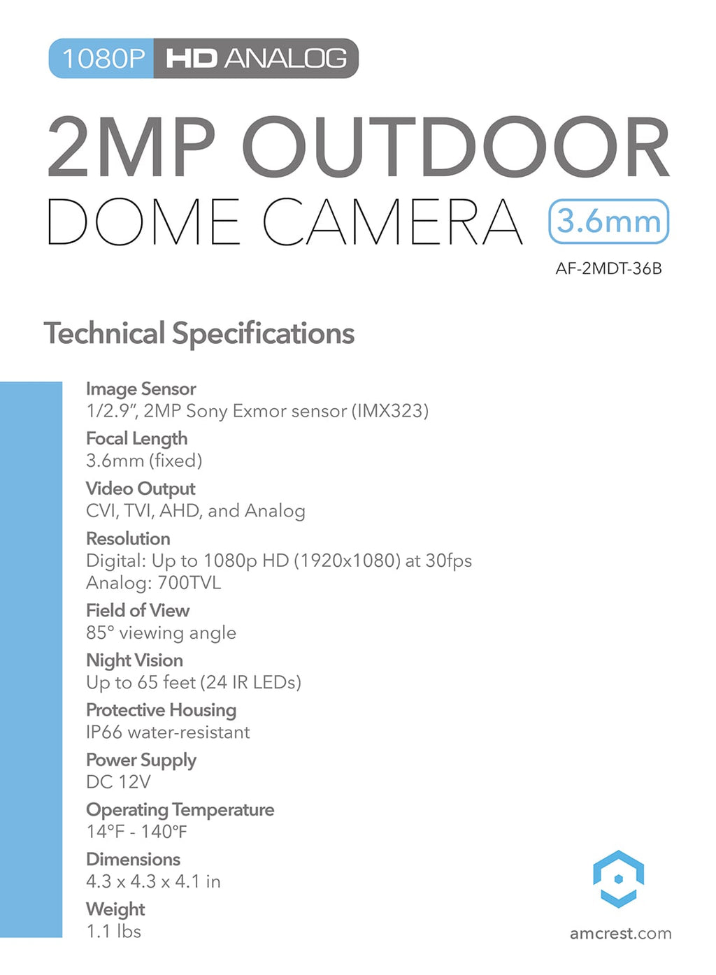 Amcrest Full HD 1080P 1920TVL Dome Outdoor Security Camera (Quadbrid 4-in1 HD-CVI/TVI/AHD/Analog), 2MP 1920x1080, 65ft Night Vision, Metal Housing, 3.6mm Lens 85° Viewing Angle, Black (AF-2MDT-36B)