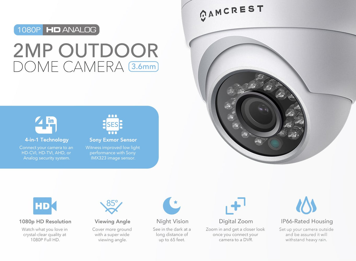Amcrest Full HD 1080P 1920TVL Dome Outdoor Security Camera (Quadbrid 4-in1 HD-CVI/TVI/AHD/Analog), 2MP 1920x1080, 65ft Night Vision, Metal Housing, 3.6mm Lens 85° Viewing Angle, White (AF-2MDT-36W)