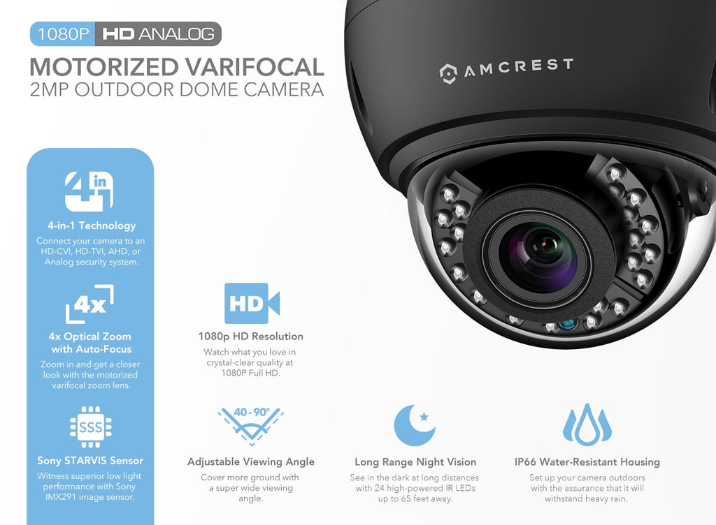 Amcrest 4x Optical Zoom HD 1080P 1920TVL Dome Outdoor Security Camera (Quadbrid 4-in-1 HD-CVI/TVI/AHD/Analog), 2MP 1920x1080, 65ft Night Vision, Motorized Varifocal Lens 40°-90°, Black (AF-2MVD-VARIB)