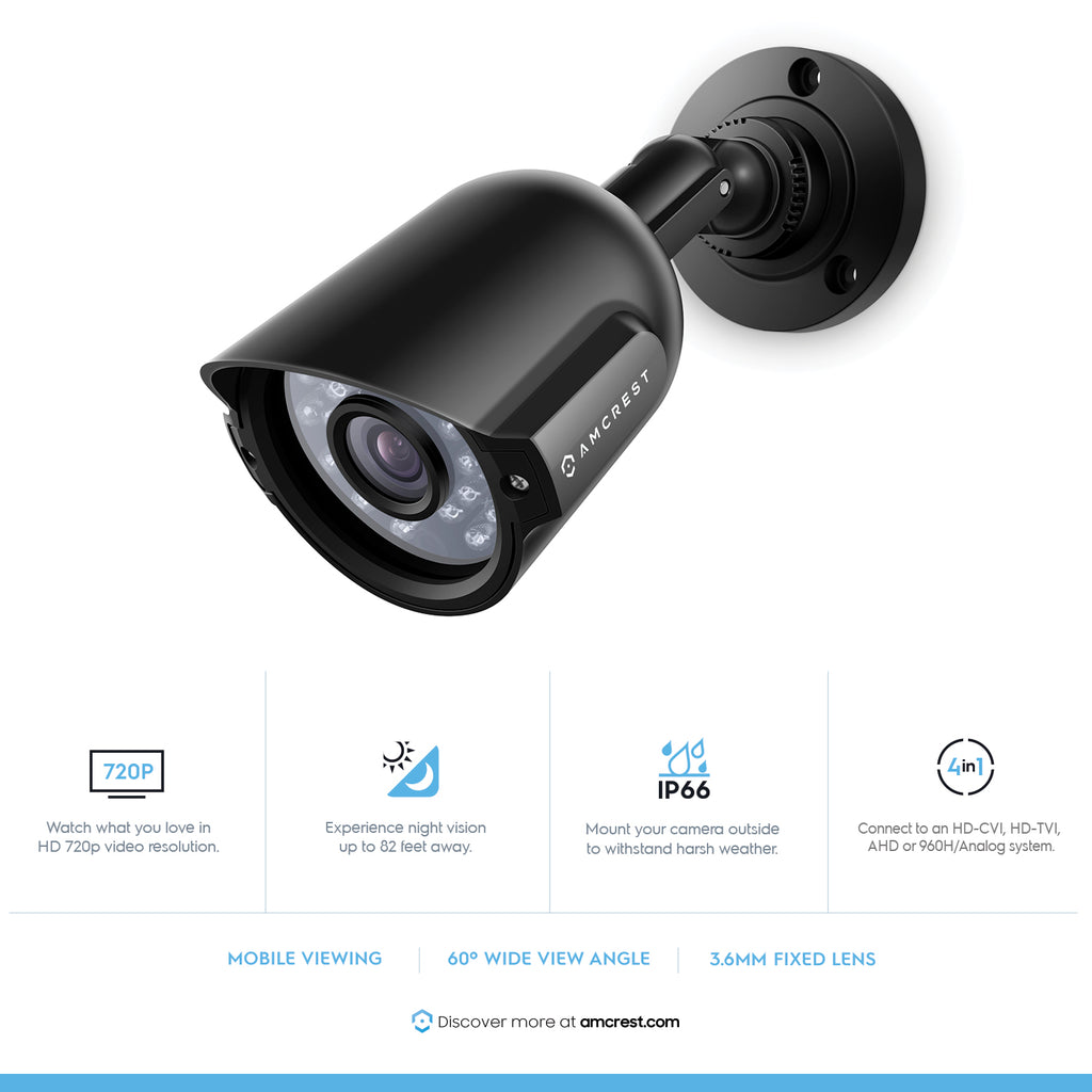 Amcrest HD Series 720P Bullet Outdoor Security Camera (Quadbrid 4-in1 HD-CVI/TVI/AHD/Analog), 1MP 1280x720P, 82ft Night Vision, Metal Housing, 3.6mm Lens 60° Viewing Angle, Black (AF-720BC36-B)