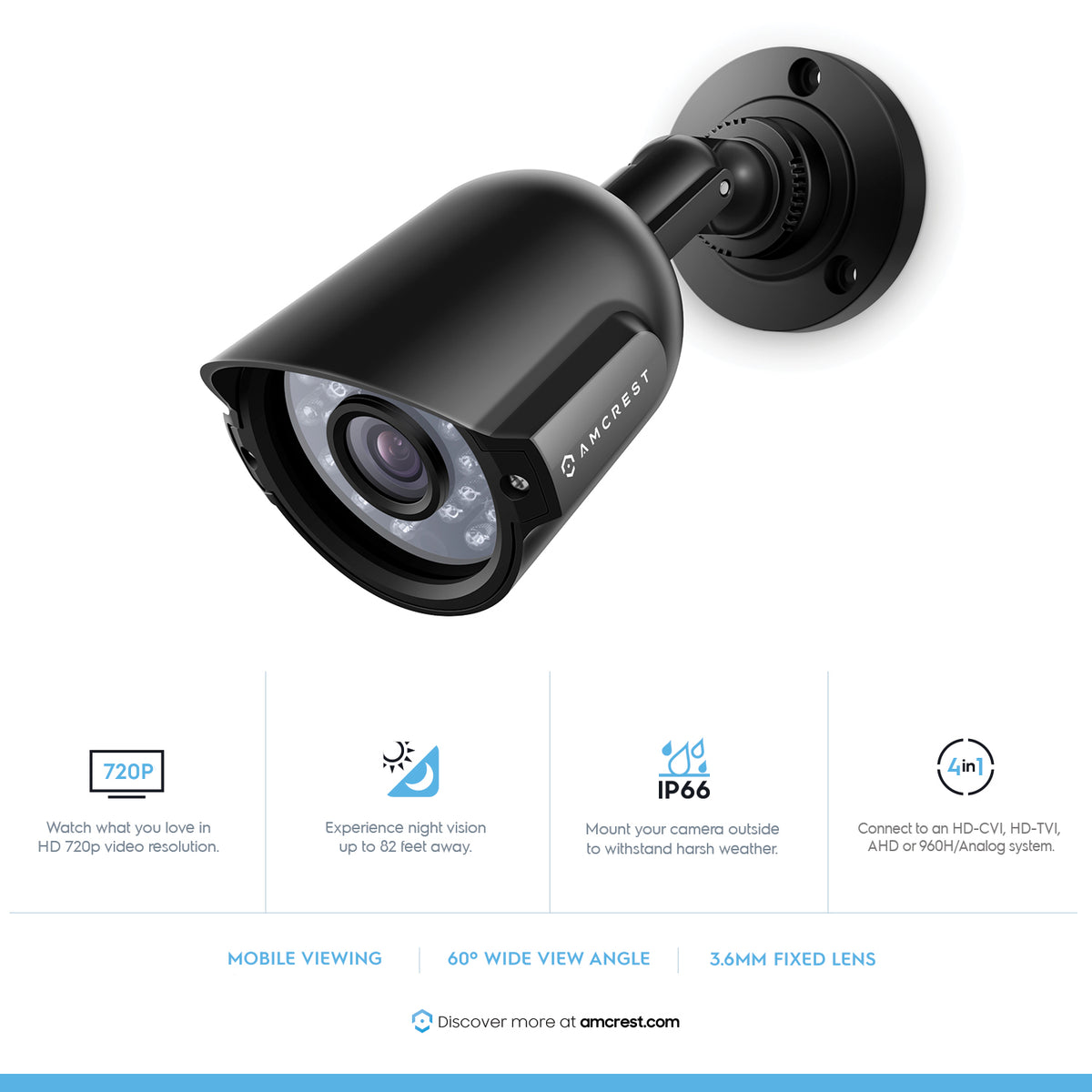 Amcrest HD Series 720P Bullet Outdoor Security Camera (Quadbrid 4-in1 HD-CVI/TVI/AHD/Analog), 1MP 1280x720P, 82ft Night Vision, Metal Housing, 3.6mm Lens 60° Viewing Angle, Black (AF-720BC36-B)