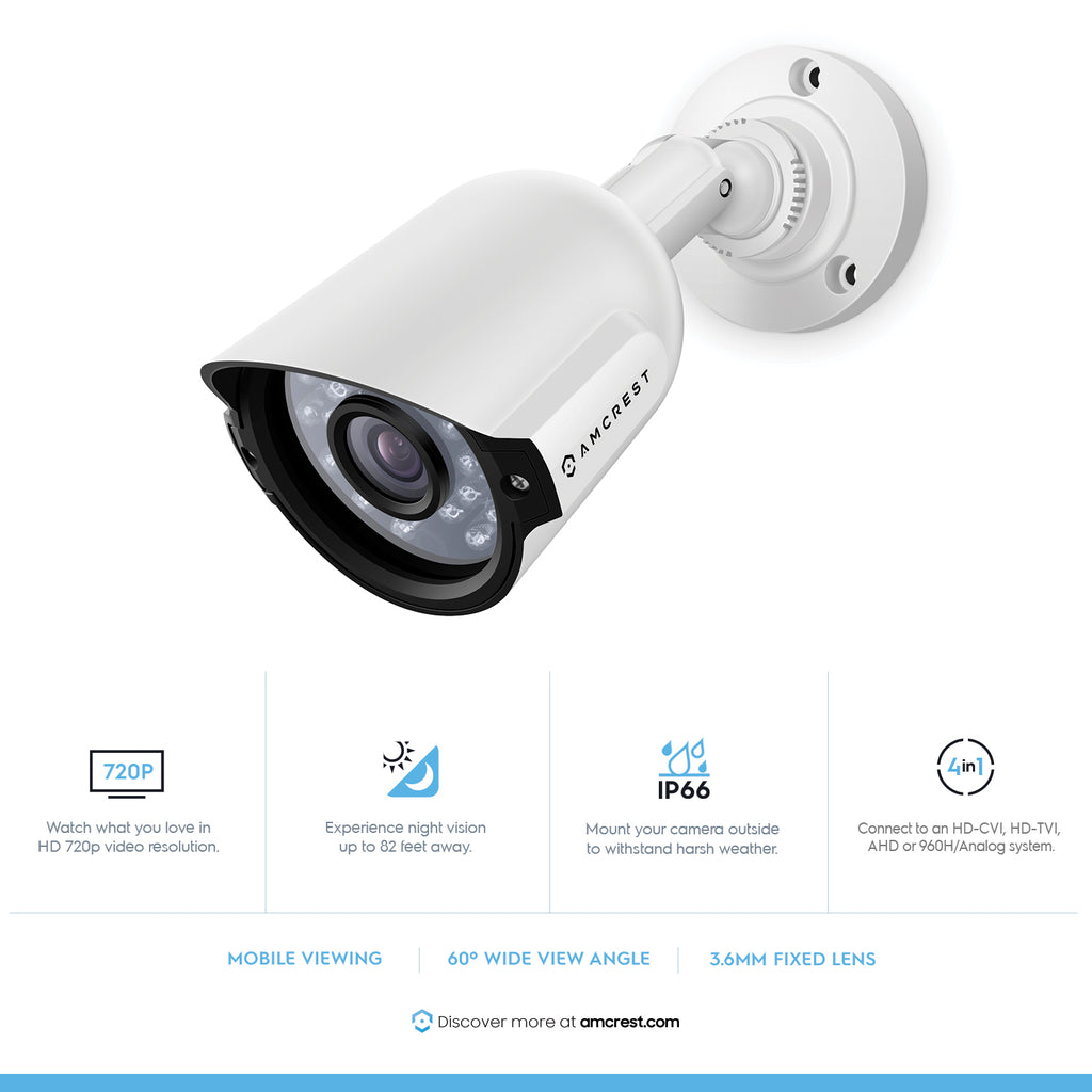 Amcrest HD Series 720P Bullet Outdoor Security Camera (Quadbrid 4-in1 HD-CVI/TVI/AHD/Analog), 1MP 1280x720P, 82ft Night Vision, Metal Housing, 3.6mm Lens 60° Viewing Angle, White (AF-720BC36-W)