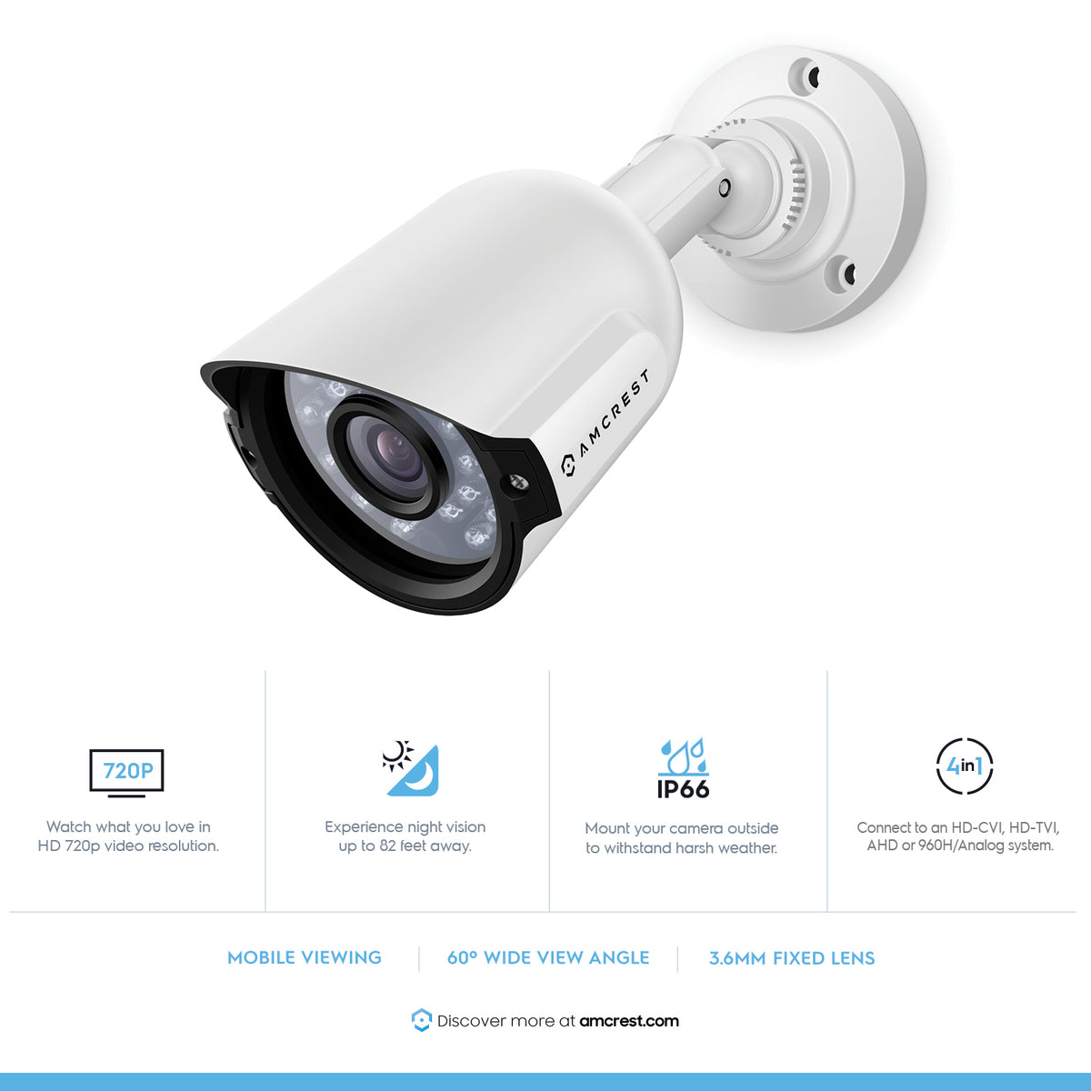 Amcrest HD Series 720P Bullet Outdoor Security Camera (Quadbrid 4-in1 HD-CVI/TVI/AHD/Analog), 1MP 1280x720P, 82ft Night Vision, Metal Housing, 3.6mm Lens 60° Viewing Angle, White (AF-720BC36-W)