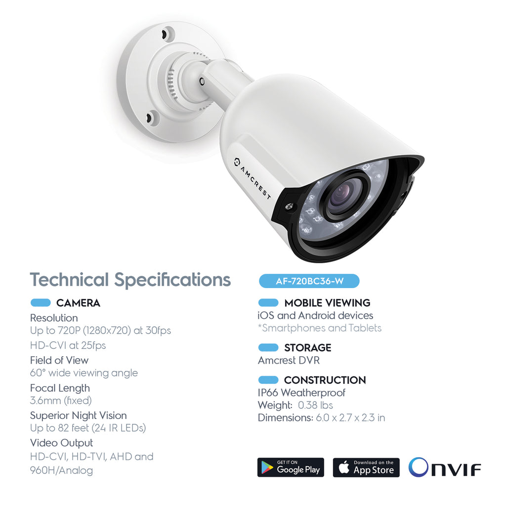 Amcrest HD Series 720P Bullet Outdoor Security Camera (Quadbrid 4-in1 HD-CVI/TVI/AHD/Analog), 1MP 1280x720P, 82ft Night Vision, Metal Housing, 3.6mm Lens 60° Viewing Angle, White (AF-720BC36-W)